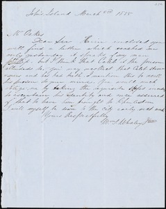 William T. Whaley, Jr., John's Island, S.C. [?], autograph letter signed to Ziba B. Oakes, 2 March 1855