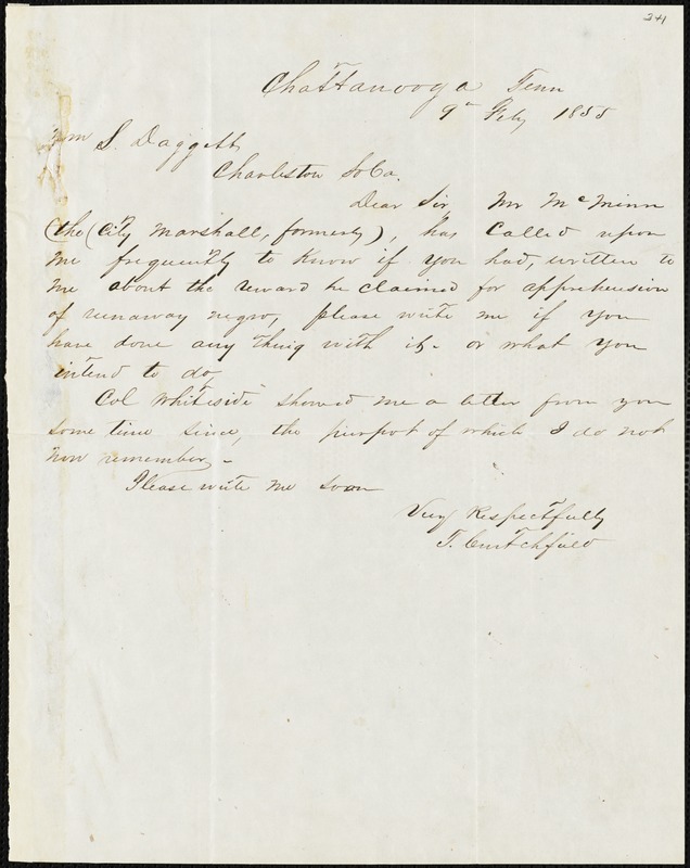 T. Crutchfield, Chattanooga, Tenn., Autograph Letter Signed To Ziba B ...