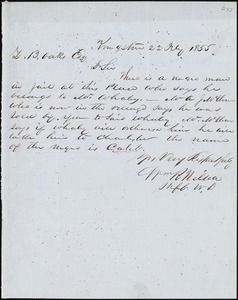 William R. Wilson, Kingstree, S.C., autograph letter signed to Ziba B. Oakes, 22 February 1855