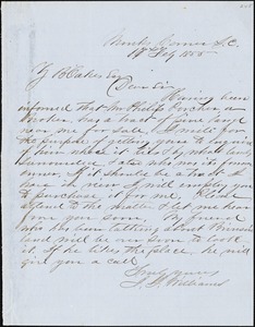 J.J. Williams, Monks Corner, S.C., autograph letter signed to Ziba B. Oakes, 16 February 1855