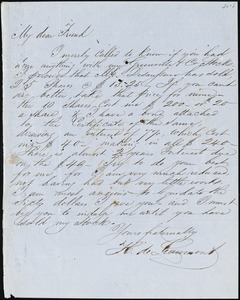 H. DeLéaumont, [Charleston, S.C.?], autograph letter signed to Ziba B. Oakes, [February 1855?]