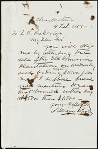 William Whaley, Charleston, S.C., autograph letter signed to Ziba B. Oakes, 4 February 1855