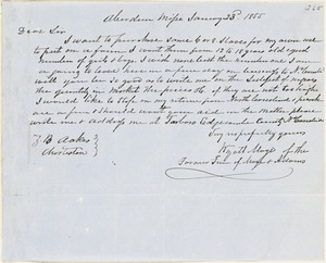 Wyatt Maye, Aberdeen, Miss., autograph letter signed to Ziba B. Oakes, 23 January 1855
