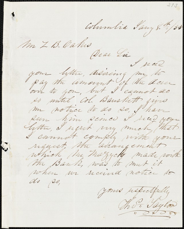 Thomas Taylor, Columbia, Tenn., autograph letter signed to Ziba B ...