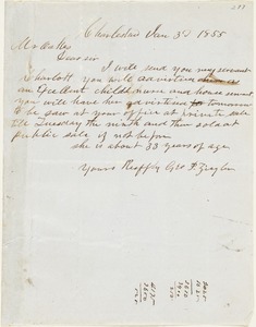 George P. Ziegler, Charleston, S.C., autograph letter signed to Ziba B. Oakes, 3 January 1855