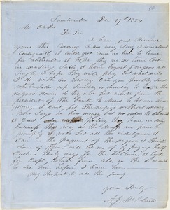 A. J. McElveen, Sumterville, S.C., autograph letter signed to Ziba B. Oakes, 29 December 1854