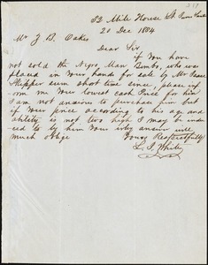 L. j. White, Sumter, S.C., autograph letter signed to Ziba B. Oakes, 20 December 1854