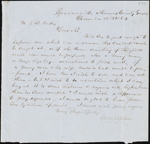 George W. Bohn, Grooverville, Thomas Co., Ga., autograph letter signed to Ziba B. Oakes, 12 December 1854