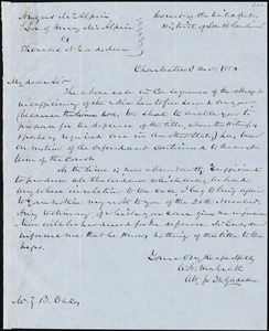 A.G. Magrath on behalf of T.N. Gadsden, Charleston, S.C., autograph letter signed to Ziba B. Oakes, 8 December 1854