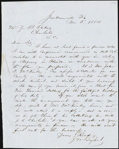 J.W. Bryant, Jacksonville, Fla., autograph letter signed to Ziba B. Oakes, 6 November 1854