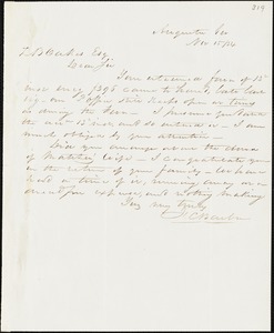 F. C. Barber, Augusta, Ga., autograph letter signed to Ziba B. Oakes, 15 November 1854