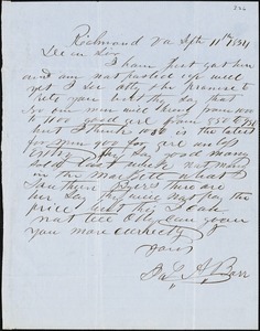 James A. Barr, Richmond, Va., autograph letter signed to [Ziba B. Oakes?], 11 September 1854
