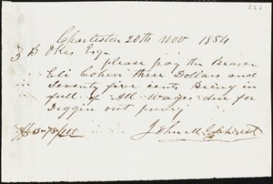 John M. Gilchrist, Charleston, S.C., autograph letter signed to Ziba B. Oakes, 20 November 1854