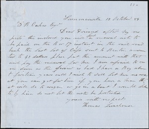 Thomas Limehouse, Summerville, S.C., autograph letter signed to Ziba B. Oakes, 12 October 1854