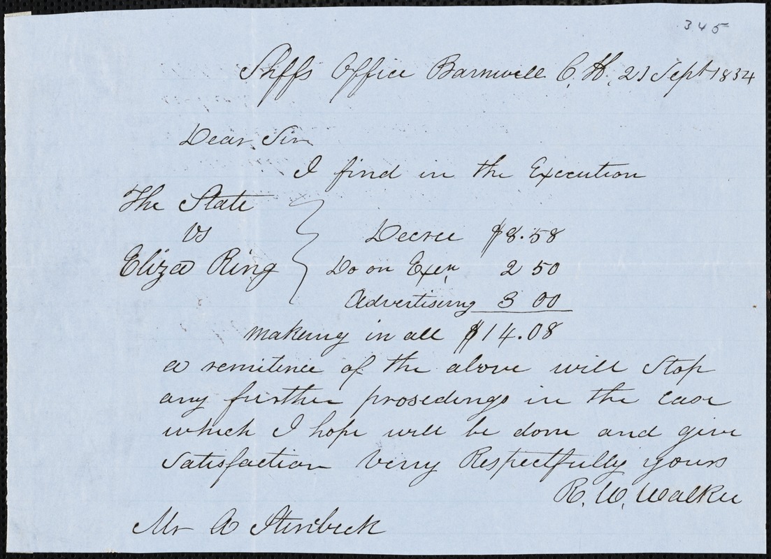 R. W. Walker, Barnwell Court House, S.C., autograph letter signed to A