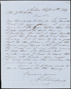 A. Stinebeck, Aiken, S.C., autograph letter signed to Ziba B. Oakes, 10 September 1854