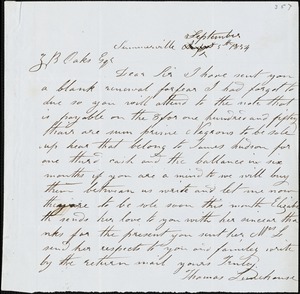 Thomas Limehouse, Summerville, S.C., autograph letter signed to Ziba B. Oakes, 5 September 1854