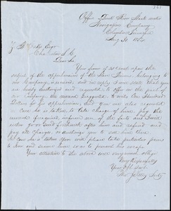 Duck River Slack Water Navigation Co. (Thomas J. Kelly), Columbia, Tenn., manuscript letter signed to Ziba B. Oakes, 30 August 1854