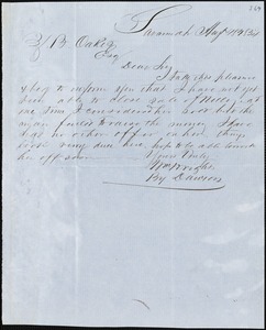 William Wright, Savannah, Ga., manuscript letter signed to Ziba B. Oakes, 18 August 1854