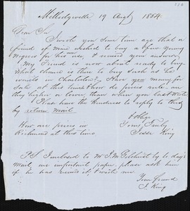 Jesse King, Milledgeville, Ga., autograph letter signed to [Ziba B. Oakes?], 19 August 1854