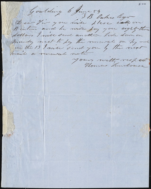 Thomas Limehouse, Goulding, S.C.[?], Autograph Letter Signed To Ziba B ...