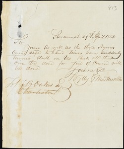 Wylly & Montmollin, Savannah, Ga., manuscript letter signed to Ziba B. Oakes, 29 April 1854