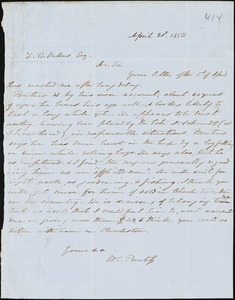 W.O. Prentiss, Buzzard Roost, Ala.[?], autograph letter signed to Ziba B. Oakes, 20 April 1854