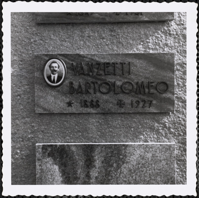 Headstone bearing Bartolomeo Vanzetti's name and photograph, Villafalletto, Italy