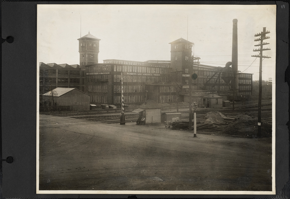 View looking south-east from right-hand side of window-A-of Hampton House toward railroad crossing, showing garage and Rice & Hutchins factory No. 7.