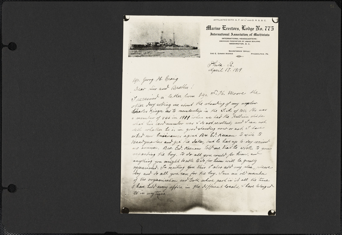 Marine Erectors, Lodge No. 775 (Joseph Youngblood) autograph letter signed to George H. Craig, Philadelphia, Pa., 17 April 1919