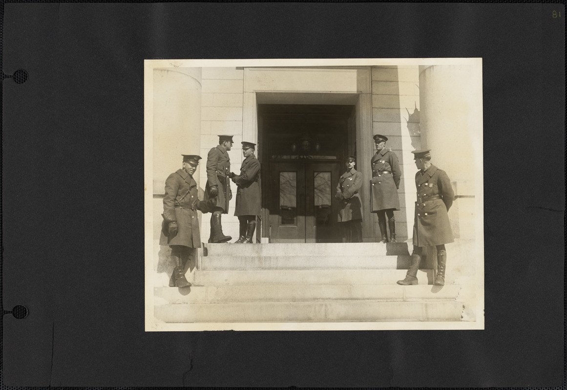 Guards in front of Dedham Court House, Dedham, Mass.