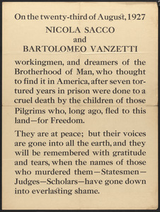 On the twenty-third of August, 1927, Nicola Sacco and Bartolomeo Vanzetti