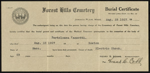 Forest Hills Cemetery burial certificate