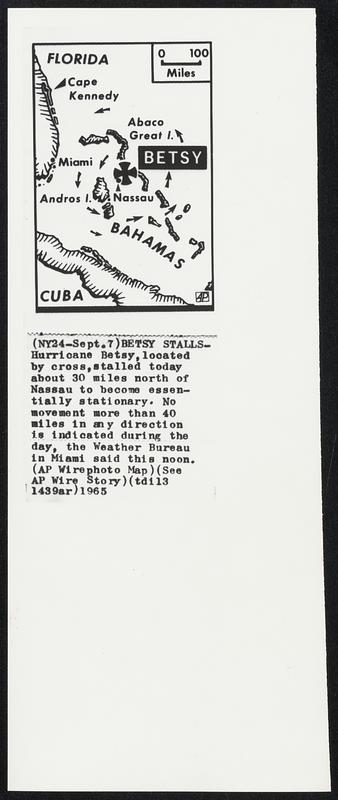 Betsy Stalls -- Hurricane Betsy, located by cross, stalled today about 30 miles north of Nassau to become essentially stationary. No movement more than 40 miles in any direction is indicated during the day, the Weather Bureau in Miami said this noon.