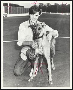 Gold Collar Hopeful-Ruff Up, shown here with Allen Rink, will run in the 33rd Gold Collar Championship at Taunton tomorrow night.