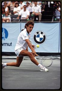 Chestnut Hill, MA 1989 - A tennis player readies to hit a ball during a match at the Longwood Cricket Club