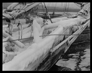 Fishing schooner Lark bow covered in ice