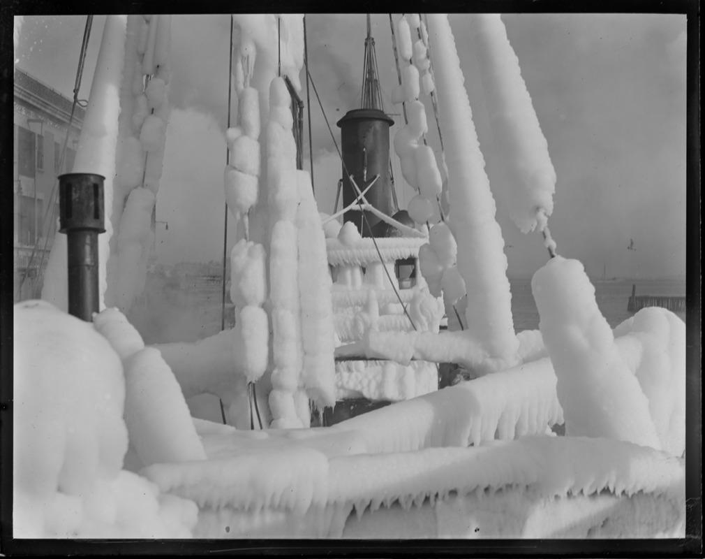View of deck of iced over trawler Ripple