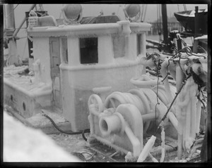 Trawler Ninab covered with ice at the fish pier