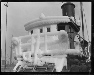 Pilot house of steam trawler Ocean covered in ice