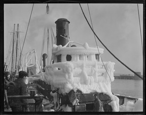 Ice covered pilot house of fishing trawler