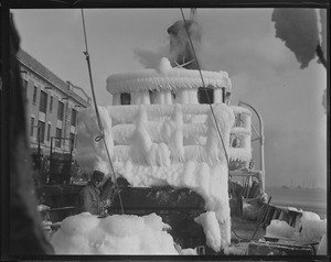 Ice covered trawler at South Boston fish pier