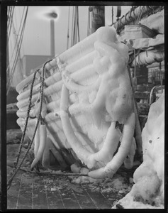 Dories of fishing schooner Herbert Parker covered with ice