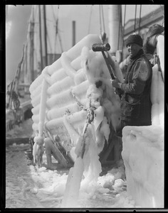 Dories of fishing schooner Edith Rose covered in ice