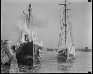 Ice covered fishing trawlers, schooner, fish pier