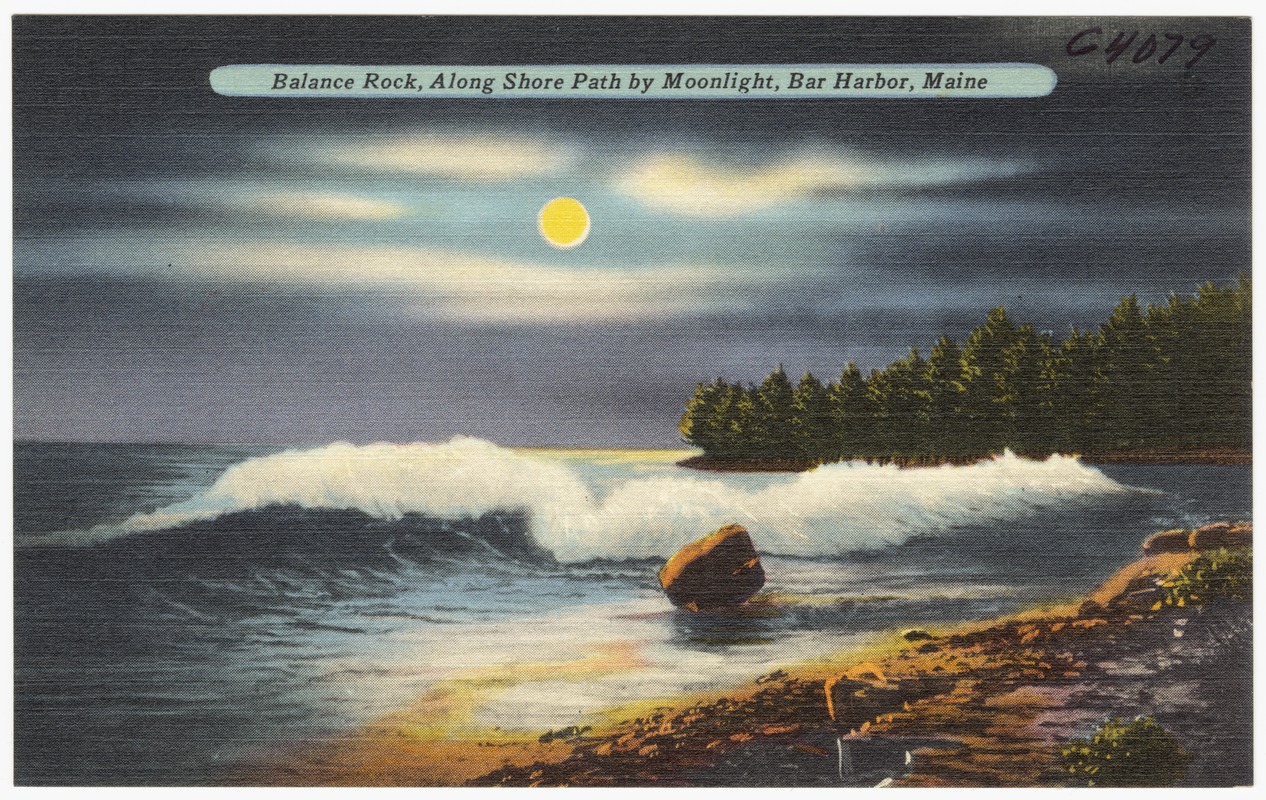Balance Rock, along shore path by moonlight, Bar Harbor, Maine