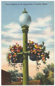Flower baskets on the lamp posts at Camden, Maine