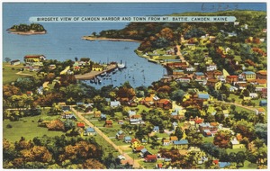Birdseye view of Camden Harbor and town from Mt. Battie, Camden, Maine