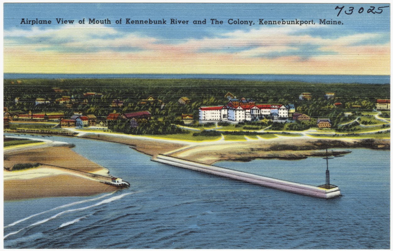 Airplane view of mouth of Kennebunk River and The Colony, Kennebunkport, Maine