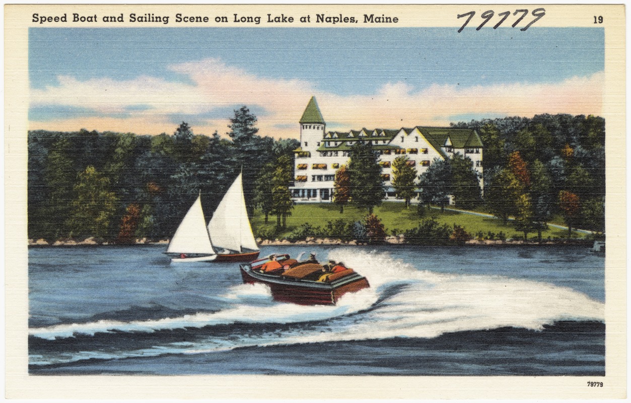 Speed boat and sailing scene on Long Lake at Naples, Maine